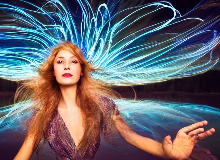 Prompt: an elegant goddess with luminous hair, flowing lightpainting swirling around her, highly detailed, photorealistic, surrounded by lake, reflections, smooth, sharp focus, ultrawide, art by lindsay adler and dani olivier and michael bosanko