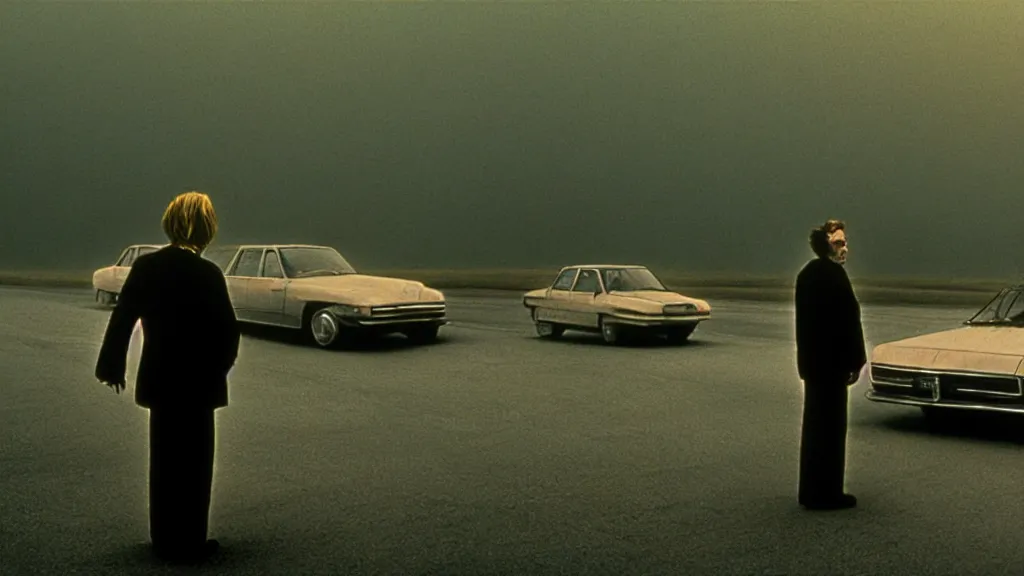 Image similar to the hip creature sells a used car, film still from the movie directed by denis villeneuve and david cronenberg with art direction by salvador dali and zdzisław beksinski, wide lens