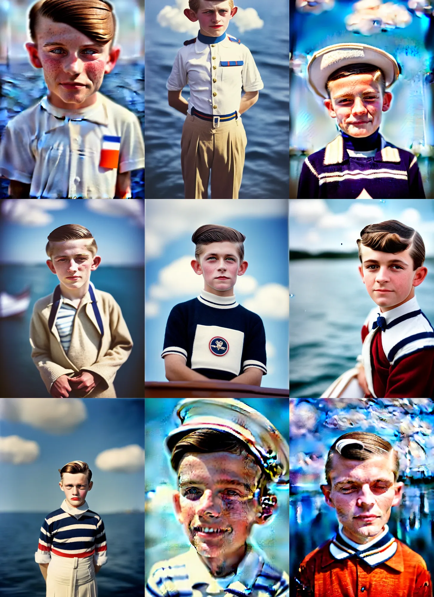 Prompt: kodak portra 4 0 0, 8 k, highly detailed, britt marling style, press award winning colour portrait of a cute handsome 8 year old sailor boy is selling cocain, sun, clouds, up face with 1 9 2 0 s hairstyle, 1 9 2 0 s style, asymmetrical, hasselblad
