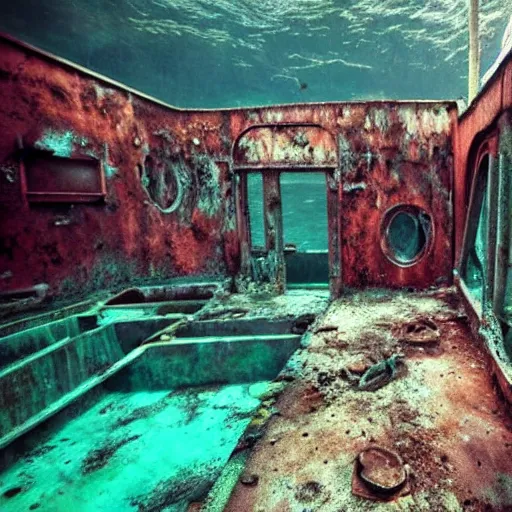 Image similar to abandoned rusty underwater theme park, surreal, horror, eerie, creepy, murky water, underwater, underwater photography,