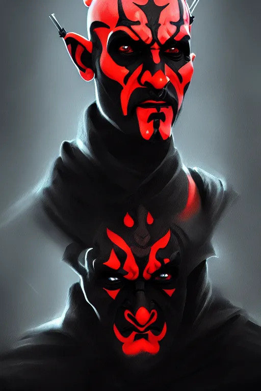 Image similar to a portrait of the darth maul, cyberpunk, grim - lighting, high - contrast, intricate, elegant, highly detailed, digital painting, artstation, concept art, smooth, sharp focus, illustration