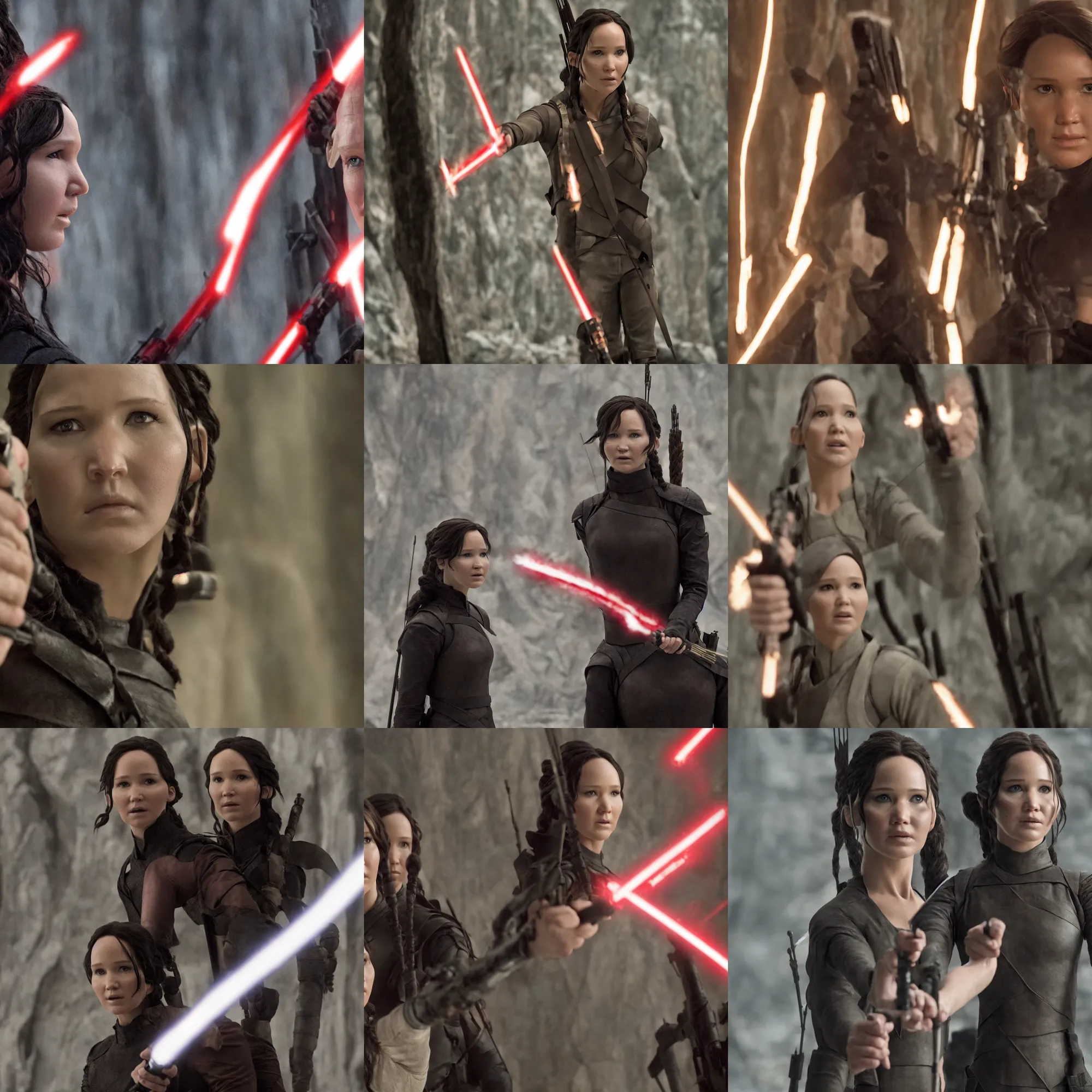 Prompt: Katniss Everdeen as Snoke, headshot, film still from 'Star Wars: The Last Jedi'
