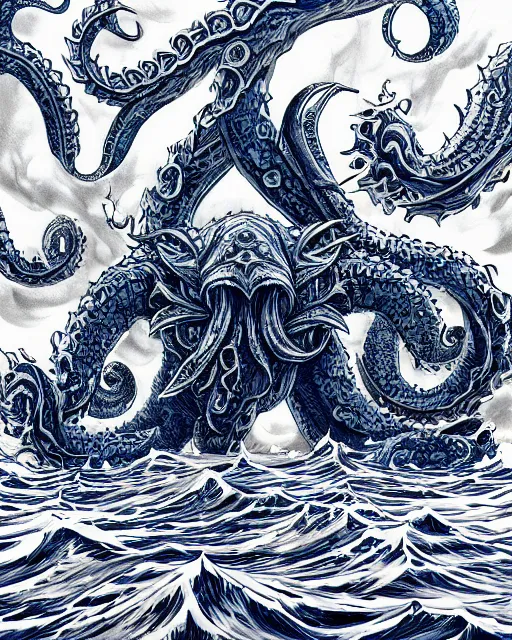 Image similar to A huge blue kraken in a vast sea, terrifying, black and white, fantasy art, monster art, in the style of masami kurumada, illustration, epic, fantasy, intricate, hyper detailed, artstation, concept art, smooth, sharp focus, ray tracing