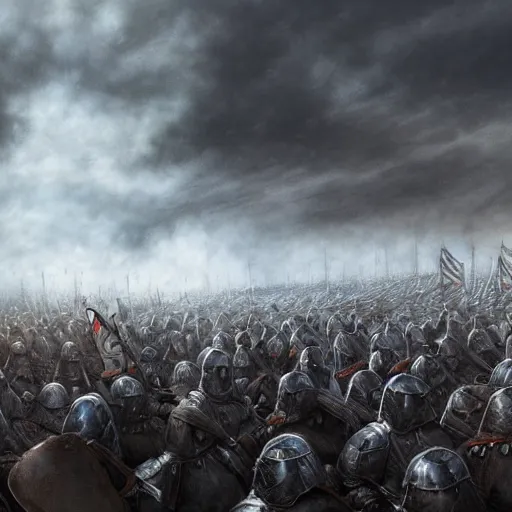 Prompt: realistic, few medieval soldiers, in line, ready fo battle, blue flagg, mist, up facing, epic, digital art, illustration, fantasy, realistic sketch, dark