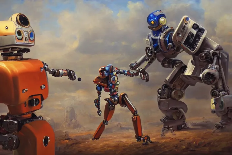 Prompt: oil painting of a human artist and a robot fighting, highly detailed, 4k, trending on artstation, realistic human!!!!