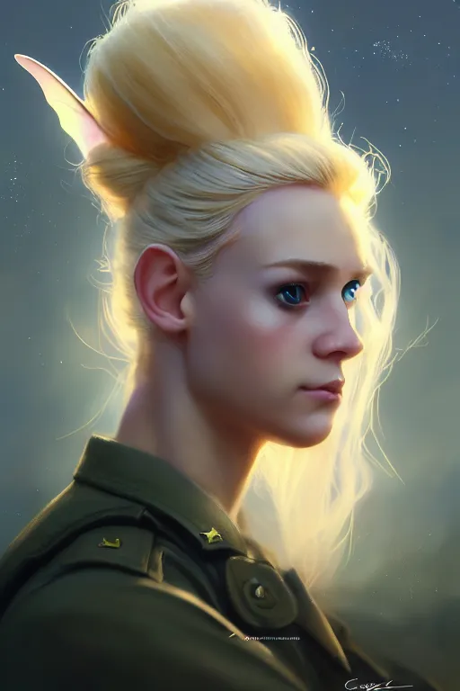 Image similar to cinematic shot of an epic portrait of a cute blonde fairy dressed in military clothes, stylised military clothes, shiny skin, beautiful eyes, beautiful, small details, night setting, realistic poster with volumetric light from craig mallism, artgerm, jeremy lipkin and michael garmash, unreal engine, radiant light, digital art, trends at art station, a masterpiece