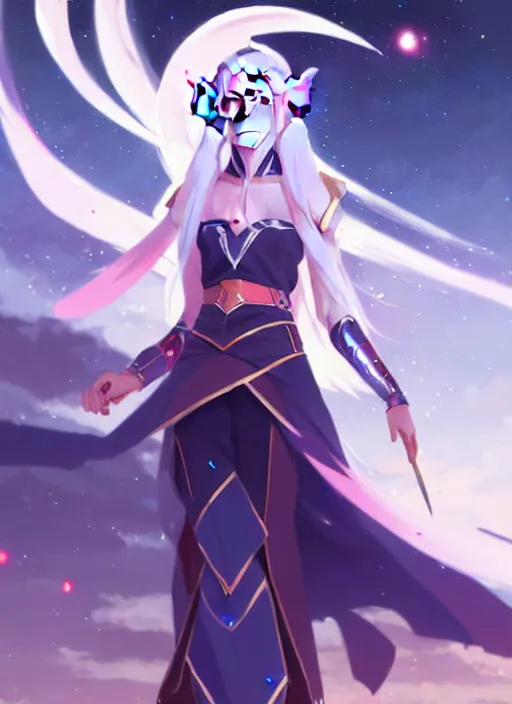 Prompt: a female space mage with long white hair, elf ears, star guardian inspired, perfect art, trending on pixiv, painted by greg rutkowski makoto shinkai takashi takeuchi, akihiko yoshida