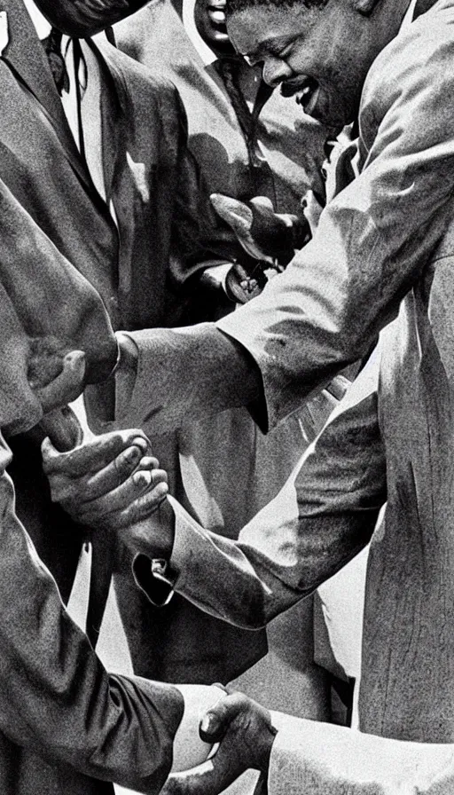 Image similar to black jesus shaking hands with martin luther king, photorealistic