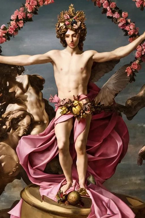 Image similar to a young handsome Spanish prince in a full-body bronze baroque statue of Icarus posed like a bird, crown of peach roses, flowing pink-colored silk, fabric, flowers. baroque elements, human skull. full-length view. baroque element. intricate artwork by caravaggio. many many birds birds on background. Trending on artstation, octane render, cinematic lighting from the right, hyper realism, octane render, 8k, depth of field, 3D