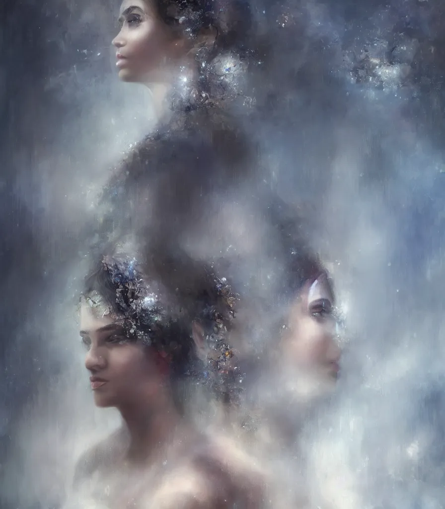 Prompt: hyperrealistic portrait of a young hyderabadi muslim woman as a a nymph, sapphire butterfly jewellery, snakes emerging from mystic fog smoke, above the clouds skyscrapers. by jeremy mann, fantasy art, photo realistic, dynamic lighting, artstation, poster, volumetric lighting, 4 k, award winning