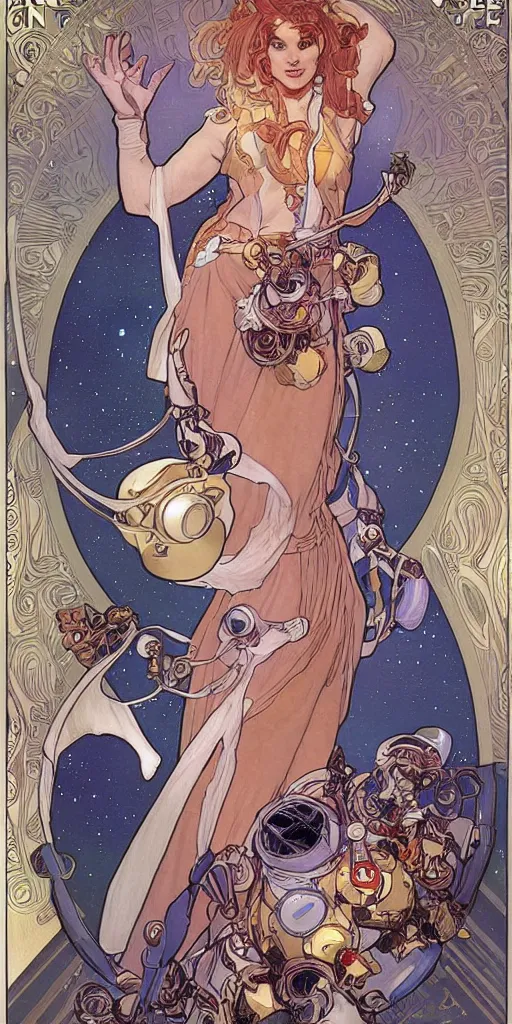 Image similar to a woman wearing outer space as a dress, pouring water from a vase into the milky way, by travis charest, by alphonse mucha, battle chasers.