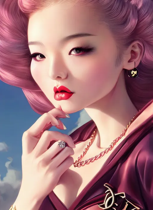 Image similar to a pin up and beautiful fashion dreamlke japan girl with lv jewelry, character art, art by artgerm, wlop, loish, hyperdetailed, 8 k realistic, symmetrical, global illumination, radiant light, frostbite 3 engine, cryengine, dof, trending on artstation, digital art, chanel, dior, detailed background