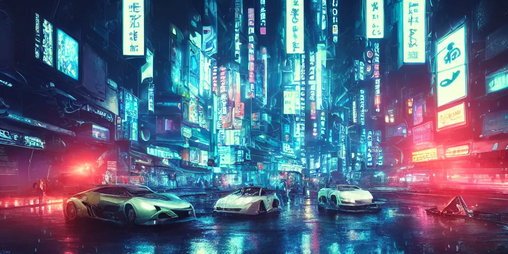 Image similar to close up macro shot of a futuristic cars on wet tokyo street at night, intricate, hyper detailed, smooth, high contrast, neon, volumetric lighting, octane, moebius, greg rutkowski, blade runner, ridley scott, cinematic