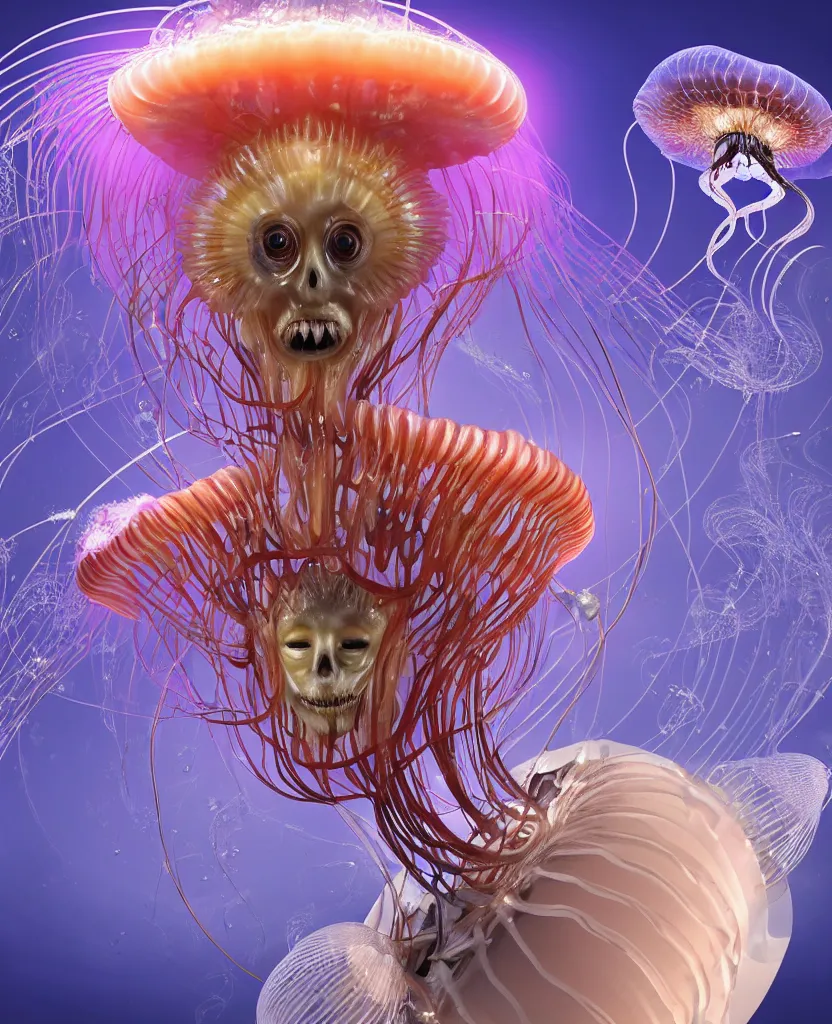 Image similar to close-up portrait of the face of a beautiful princess in a twisted flowers jellyfish mask in a spaceman suit surrounded by energy flow, epic angle and pose, symmetrical artwork, 3d with depth of field, blurred background, floating jellyfish skull phoenix bird, translucent, nautilus, energy flows of water and fire. a highly detailed epic cinematic concept art CG render. made in Maya, Blender and Photoshop, octane render, excellent composition, cinematic dystopian brutalist atmosphere, dynamic dramatic cinematic lighting, aesthetic, very inspirational, arthouse. y Greg Rutkowski, Ilya Kuvshinov, WLOP, Stanley Artgerm Lau, Ruan Jia and Fenghua Zhong