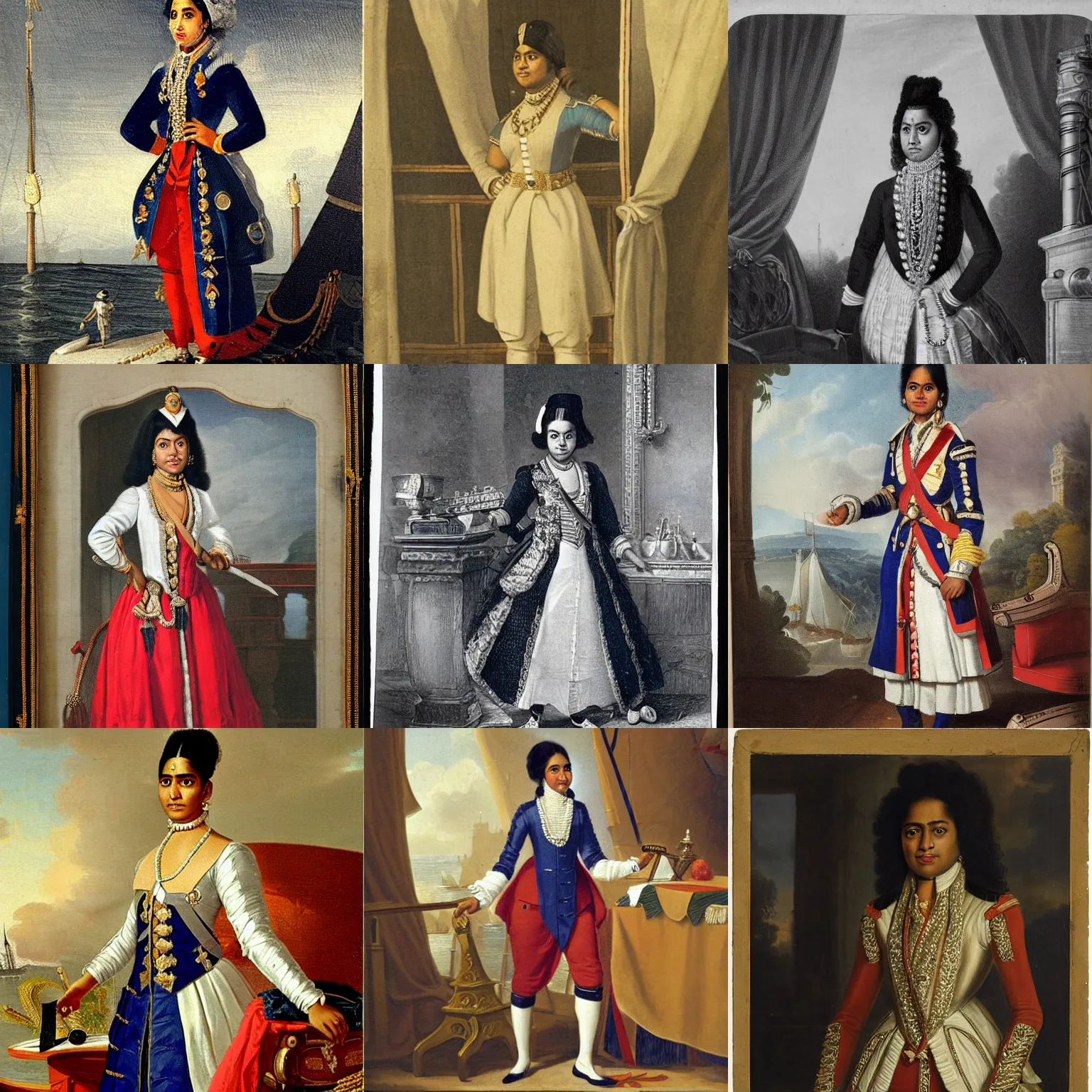 Prompt: A young Indian woman admiral in the Royal Navy, wearing full dress uniform, standing in the cabin of her ship, 18th century