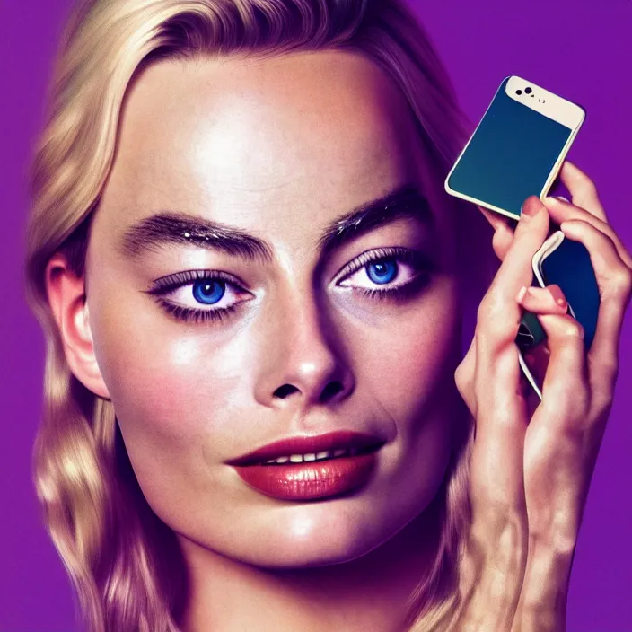 Image similar to portrait of margot robbie, holding iphone. very coherent symmetrical artwork. cinematic, hyper realism, high detail, octane render, 8 k, iridescent accents