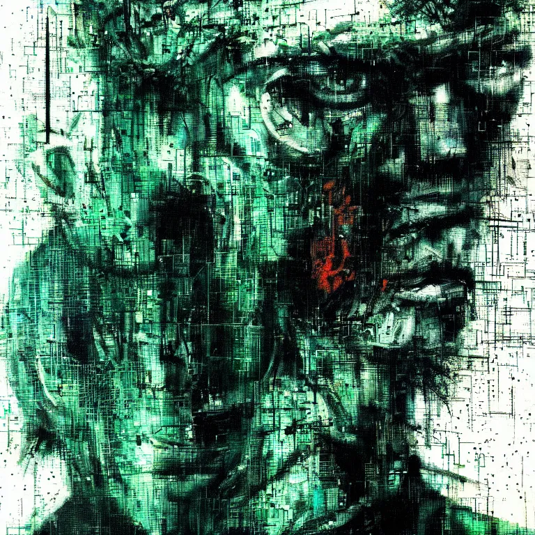 Prompt: portrait of a cyberpunk man, angry faces, mysterious, glitch effects over the eyes, by Guy Denning, by Johannes Itten, by Russ Mills, glitch art, hacking effects, chromatic, cyberpunk, intricate detail, Blue and Green, color blocking, oil on canvas, concept art, abstract, trending on artstation, masterpiece