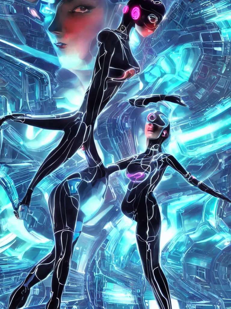 Prompt: a computer virus woman from Tron, wild, choatic villainess, femme fatale, corrupted data surrounds her, character design by jack kirby and syd mead, full color, full 3d environment, glowing datascape, intricate complexity, detailed portrait, intricate complexity, artgerm and artstation trending, quixel megascan, 5k