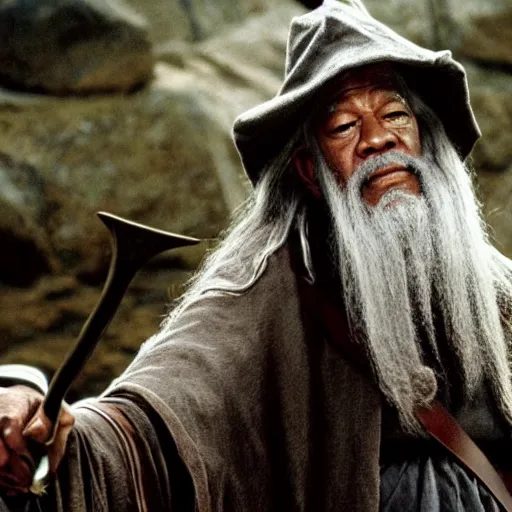 Prompt: portrait of Morgan Freeman as Gandalf in Lord of the Rings (2001)