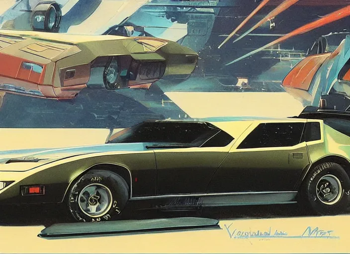 Prompt: ( ( ( ( ( 1 9 8 2 pontiac trans am, car concept art, sci - fi illustration, painting, in the style of speed racer ) ) ) ) ) by vincent di fate and john berkey and knight rider and speed racer!!!!!!!