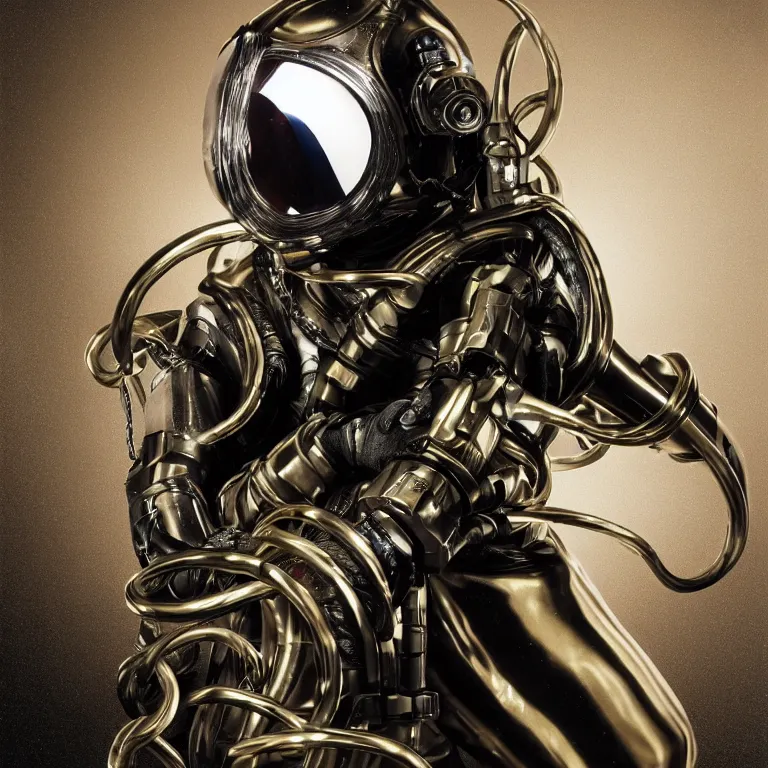 Prompt: octane render portrait by wayne barlow and carlo crivelli and glenn fabry, subject is a futuristic scuba diver with a shiny reflective silver metal helmet with colorful reflective goggles and covered in black ribbed rubber hoses, wrapped up in and completely covered by giant long shiny reflective golden octopus tentacles, cinema 4 d, ray traced lighting, very short depth of field, bokeh