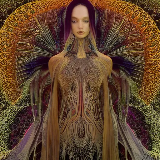 Image similar to dmt healer by alexander mcqueen, zdzisław beksinski and alphonse mucha. highly detailed, hyper - real, very beautiful, intricate fractal details, very complex, opulent, epic, mysterious, trending on deviantart and artstation, polished and minimalist redesign by zaha hadid and iris van herpen