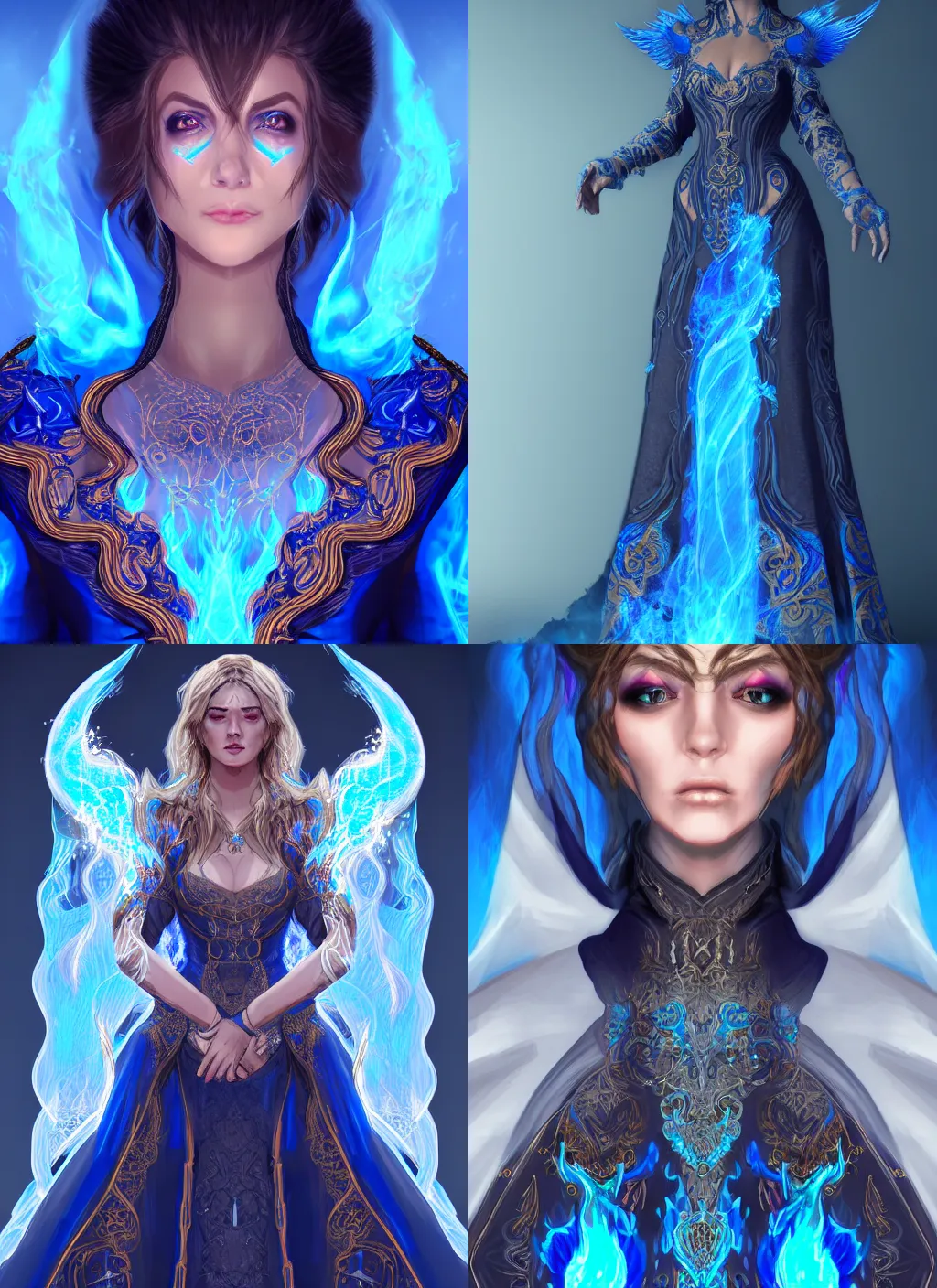 Prompt: portrait of a mage wearing a dress made of blue flames, intricate detail, ornate, digital artwork, artstation