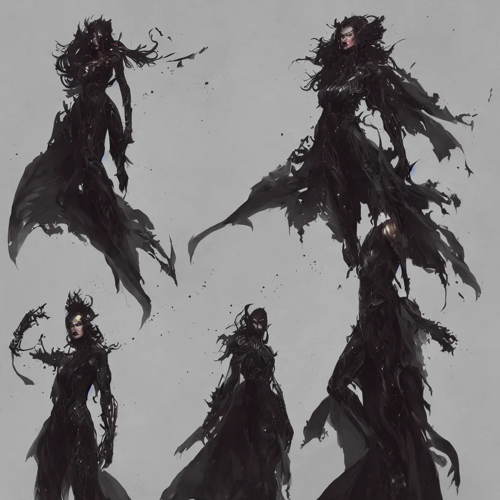 Image similar to full body painting of a Dark Sorcerer Woman, dramatic lighting, illustration by Greg rutkowski, yoji shinkawa, 4k, digital art, concept art, trending on artstation