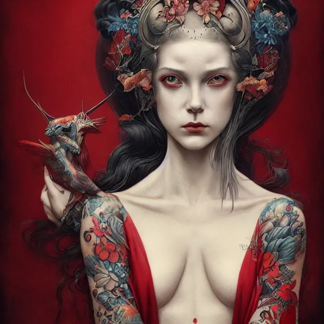 Image similar to ultra realistic illustration, beautifulwoman dressed in red kimono, backview, tattoos, in the style of peter mohrbacher by weta digital and beth cavener, high face symmetry, intricate, masterpiece, award winning, high face symmetry, intricate