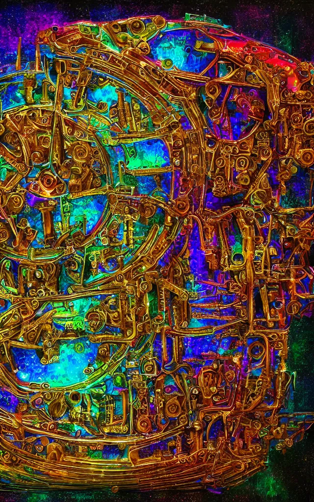 Image similar to mechanical sarcophagus made of iridescent metal strange glyphs, award winning oil painting, chromatic aberration midnight color palette