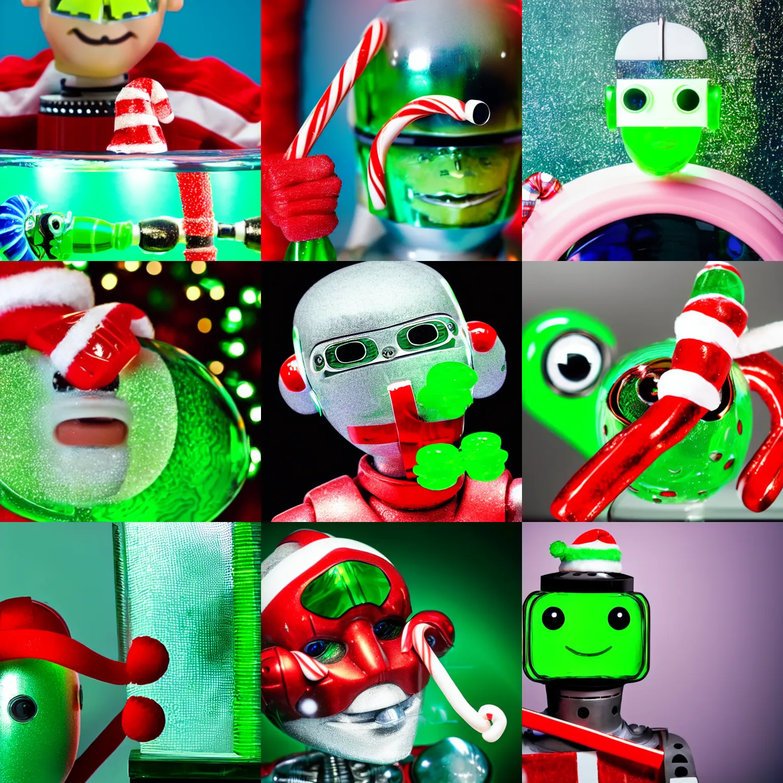 Prompt: robot with a cylindrical lime green glass fish tank for a head holding a candy cane, closeup portrait