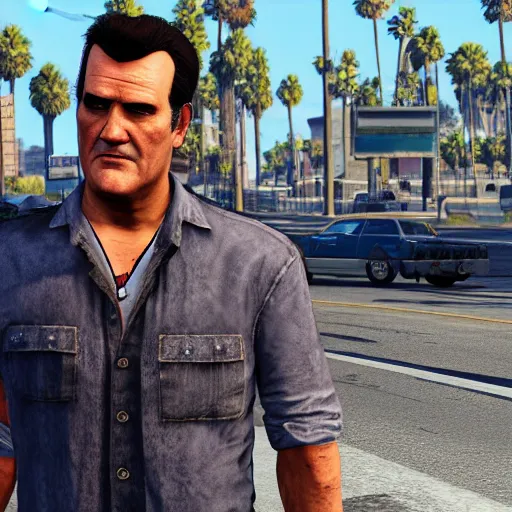 Prompt: a screenshot of bruce campbell in gta 5. 3 d rendering. unreal engine. amazing likeness. very detailed. cartoon caricature