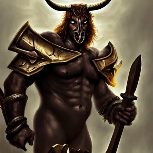 Image similar to Giant minotaur humanoid beast warrior with two handed axe, horned helmet, concept art, heavy white and golden armor, giant horns, portrait, dungeons and dragons, hyperrealism, high details, digital painting, dark fantasy