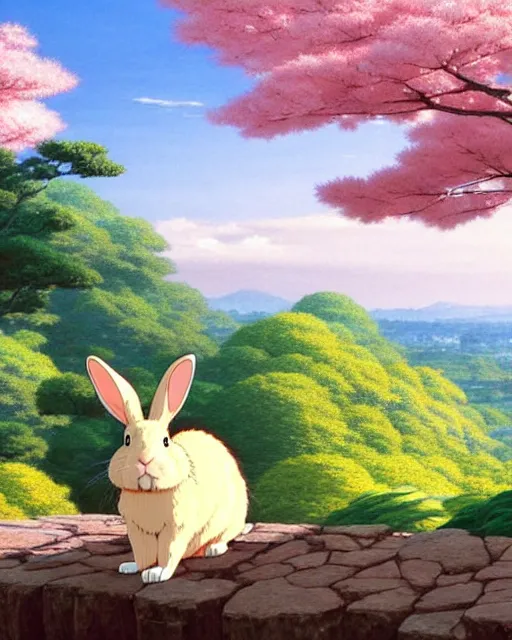 Image similar to a rabbit bear, sitting in tokyo, unique, sunny day, highly detailed, masterpiece, award winning, realistic, art by thomas cole and studio ghibli