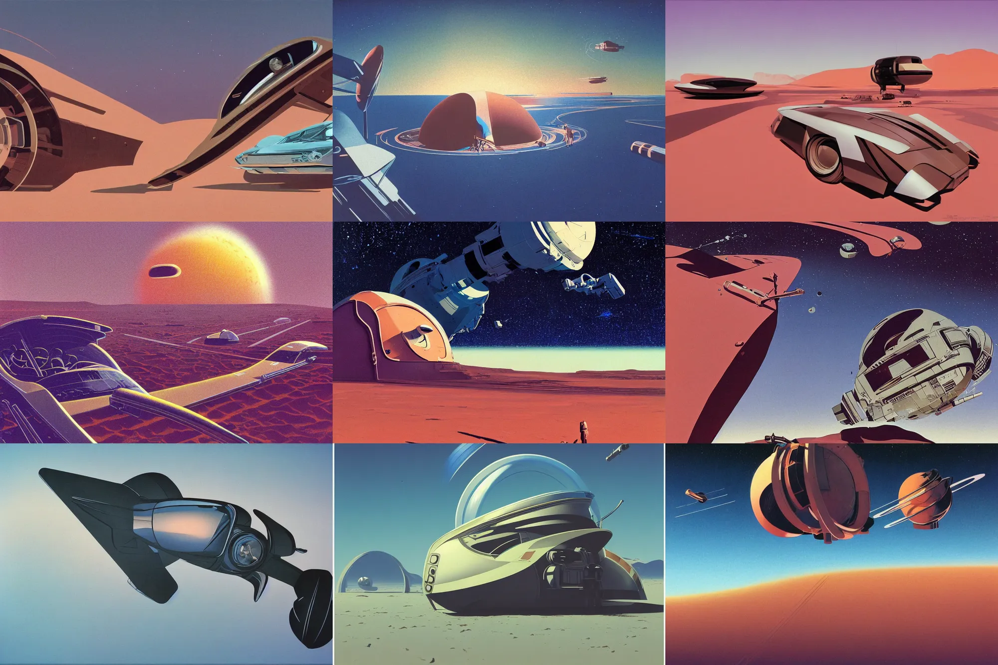 Prompt: Cinestill 800t, 8K, 35mm; beautiful ultra realistic minimalistic syd mead in space(1950) film still desert scene, 2000s frontiers in retrofuturism fashion magazine September hyperrealism moebius edition, highly detailed, extreme closeup three-quarter scene, tilt shift LaGrange point orbit background, three point perspective, focus on two android models in blade runner style blimp;sunflare;back to camera, soft lighting
