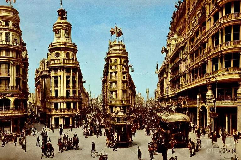 Image similar to The Madrid Gran Vía, steampunk, Victorian era style, 1890 photo, retro futuristic, highly detailed, in colors, hyper realistic