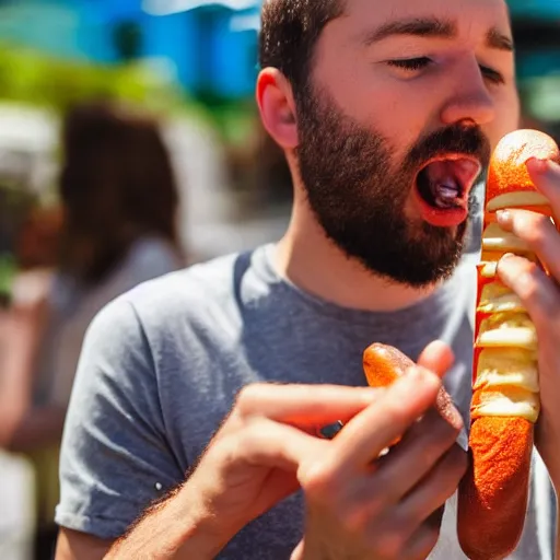 Image similar to a man eating a hot dog, highly detailed