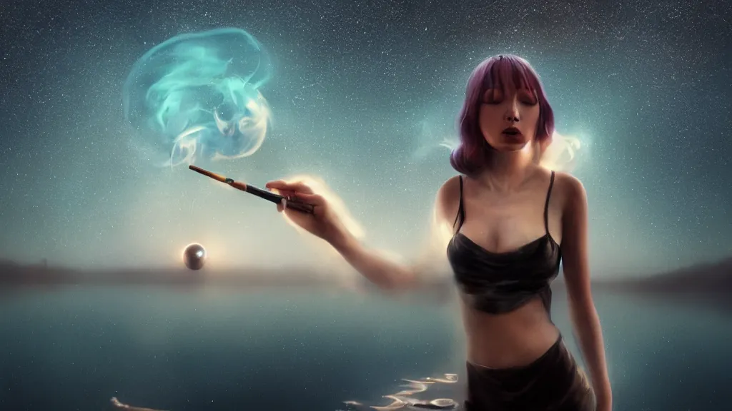 Image similar to whimsical, a beautiful playful woman, wearing professional makeup, standing in a lake, blowing smoke, under the stars, with a binary black hole with a ring in the sky, by Studio Ghibli, by Greg Rutkowski, by Steve Argyle, face enhance, volumetric lighting, 4k resolution, octane render, trending on artstation