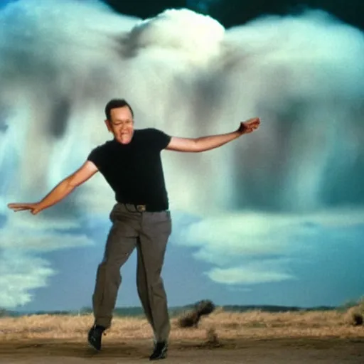 Prompt: tom hanks dancing beneath a mushroom cloud