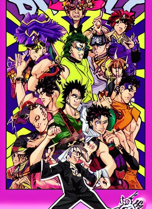 Image similar to jojo stand power based on demoscene chiptune webcore, art by hirohiko araki