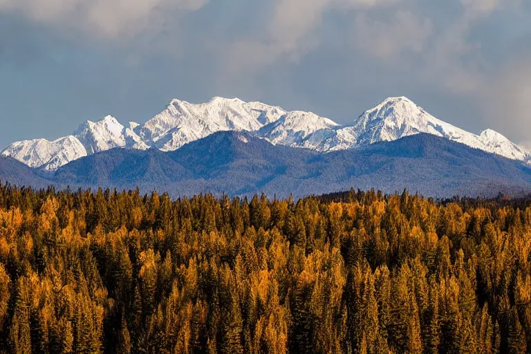 Prompt: long distance photo of snowy mountain range rising from forested plains, award winning landscape photography