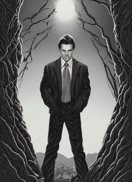 Image similar to small innocent tom cruise, evil beings loom above him, they reach into his mind, twin peaks poster art, from scene from twin peaks, by michael whelan, artgerm, retro, nostalgic, old fashioned, 1 9 8 0 s teen horror novel cover, book