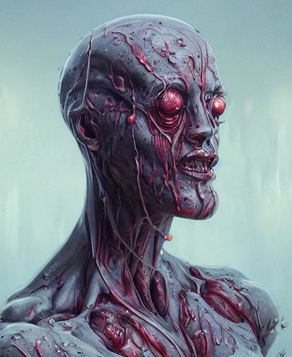 Image similar to portrait of a bloodied slime dripping geometric angular genderless insect alien monster, muscles, rippling, space warping and twisting, ultra realistic, concept art, intricate details, eerie, highly detailed, photorealistic, octane render, 8 k, unreal engine. art by artgerm and greg rutkowski and alphonse mucha