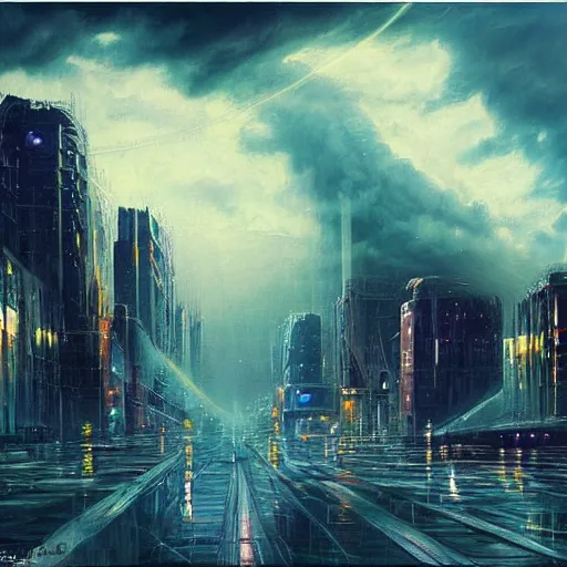 Image similar to oil painting of a futuristic city near to a big lake, dramatic storm clouds, dusty street, sunrays, dramatic, very very very beautiful art, cinematic lighting, romanticism by goya, bright pastel color, blue sky