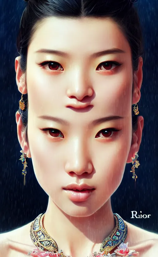 Image similar to a beautiful young charming asian goddess with sundress + jewelry + shinny eyes | | winter, symmetric, realistic shaded, unpleasant face, good looking, fine details, dior, lv, realistic shaded lighting poster by greg rutkowski, macoto takahashi, magali villeneuve, artgerm, jeremy lipkin and michael garmash