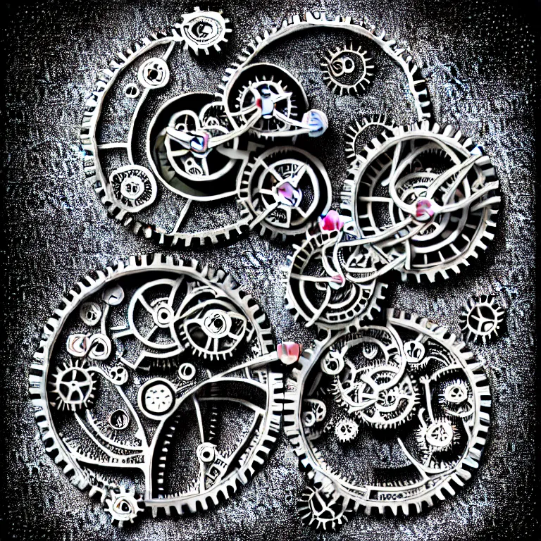 Image similar to a black and white drawing of variety of sea life and mechanical gears cogs inside a watch, a microscopic photo by ernst haeckel, zbrush central, kinetic pointillism, intricate patterns, photoillustration