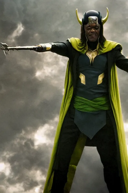 Image similar to film still of Samuel L Jackson as Loki, wearing Loki Helmet, wielding a powerful magical staff, in new Avengers film