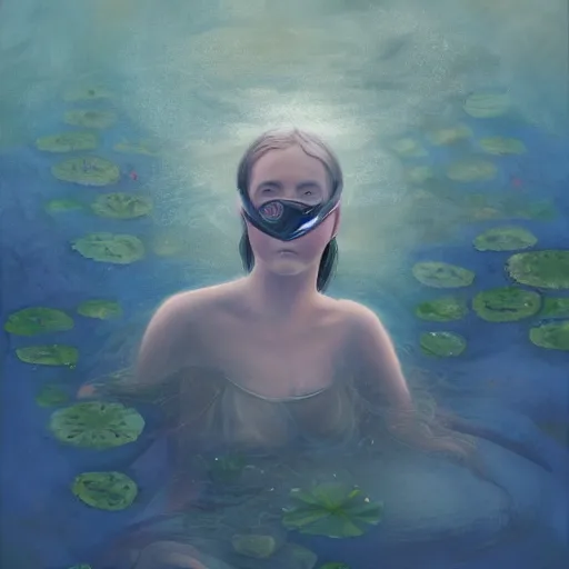 Image similar to A woman submerged underwater, you can see her face from an aerial view with lily pads surrounding her, artistic digital art, very opaque, gloomy style, oil paints and pastel highlights, trending on artstation, artstationHD, artstationHQ, 4k, 8k