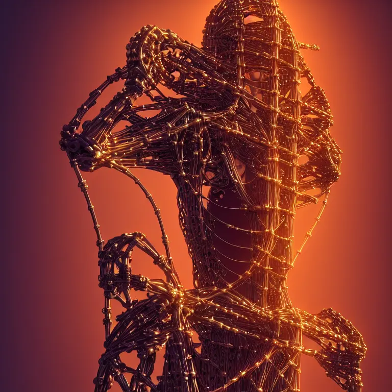 Image similar to biomechanical religious sculpture statue of jesus on cross made of wires cables tubes, cyberpunk, baroque painting, beautiful detailed intricate insanely detailed octane render, 8K artistic photography, photorealistic, chiaroscuro, Raphael, Caravaggio, lit by colorful pastel neon lights