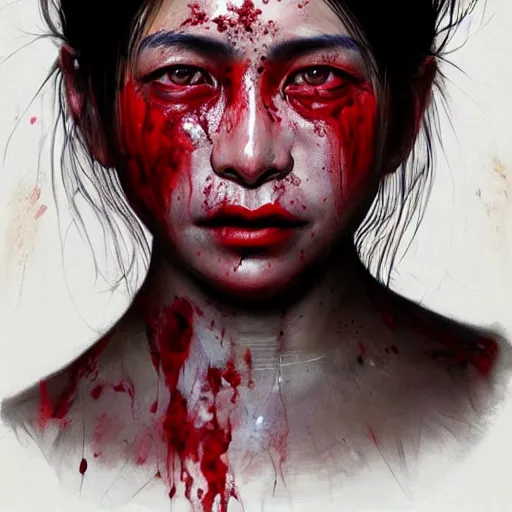 Image similar to portrait painting of a bloodied nepali female butcher, ultra realistic, concept art, intricate details, eerie, highly detailed, photorealistic, octane render, 8 k, unreal engine. art by artgerm and greg rutkowski and alphonse mucha